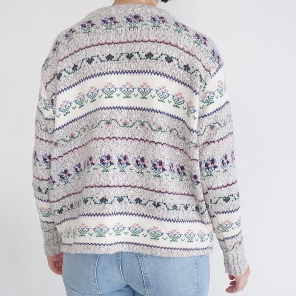 Vintage Northern Reflections Grey Purple Floral Knit Crewneck Sweater L - Picture 3 of 11